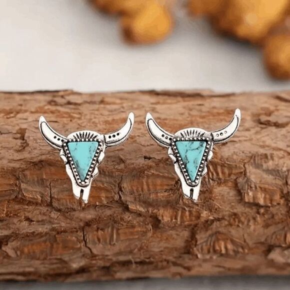 Western Cowboy Turquoise Longhorn Bull Steer Head Dangle Earrings - Picture 1 of 7